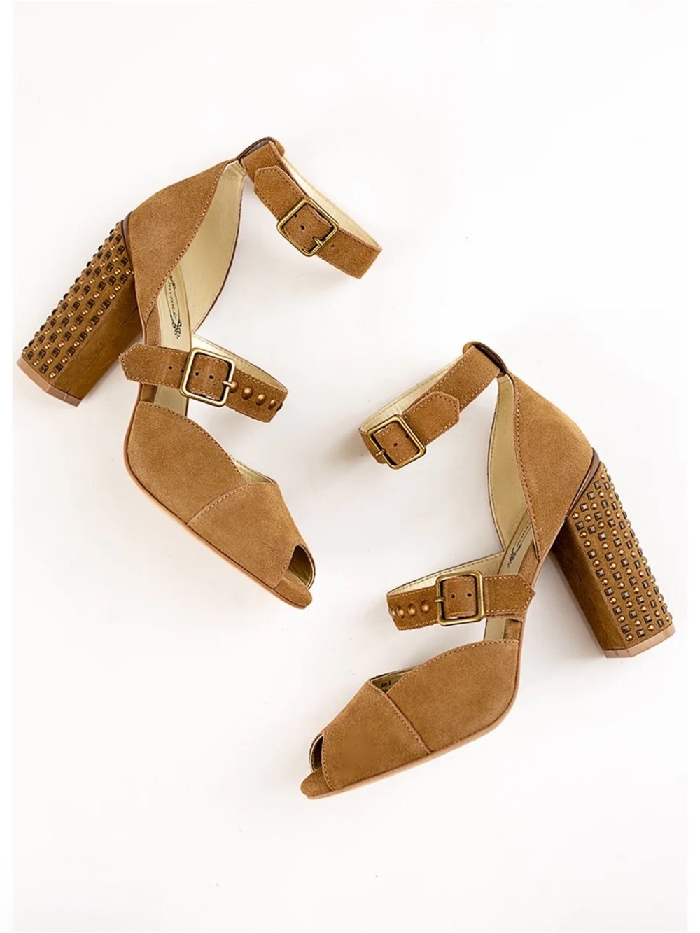 NWOT Joyfolie Tan Suede Studded Block Heel Sandals